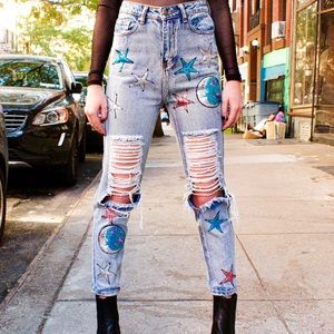 LF Women's Jeans with Star and Moon Embroidery